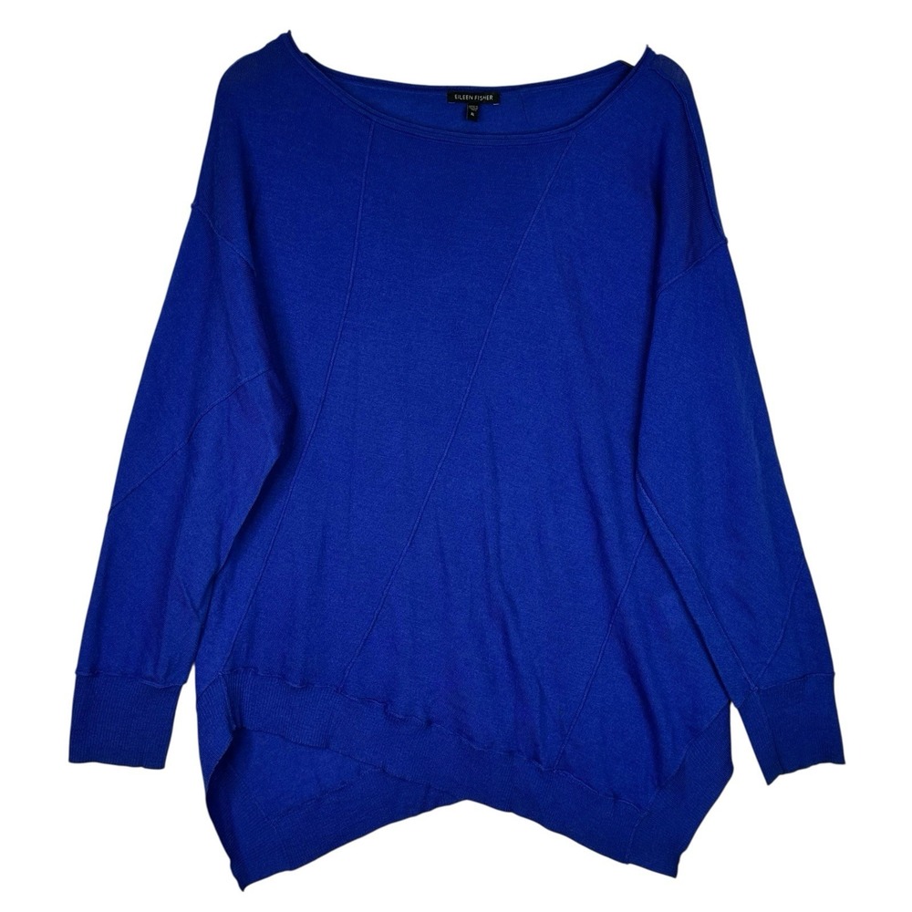 Eileen Fisher Merino Wool Sweater Women XL Blue Relaxed Minimalist Asymmetrical